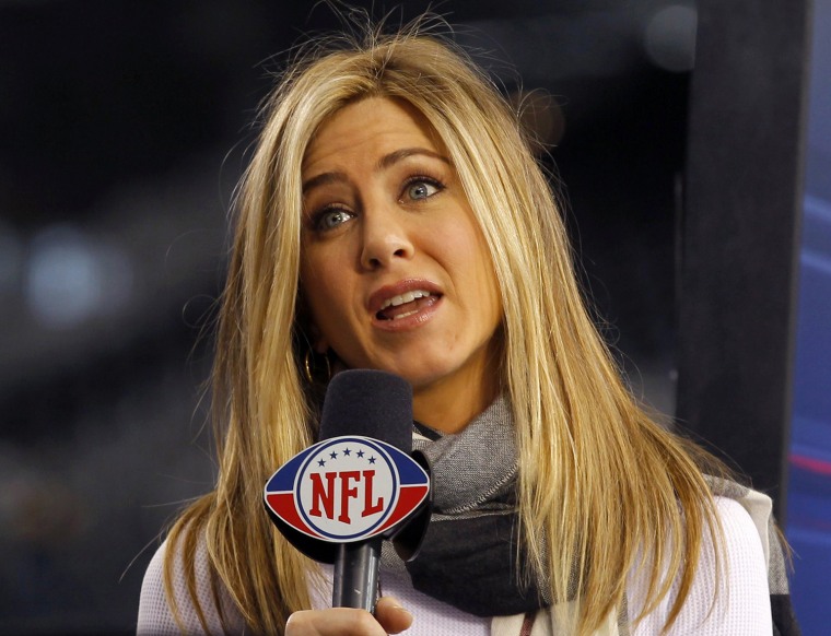 Image: Actress Jennifer Aniston takes part in a pre-game NFL broadcast prior to the NFL's Super Bowl XLV football game in Arlington, Texas,